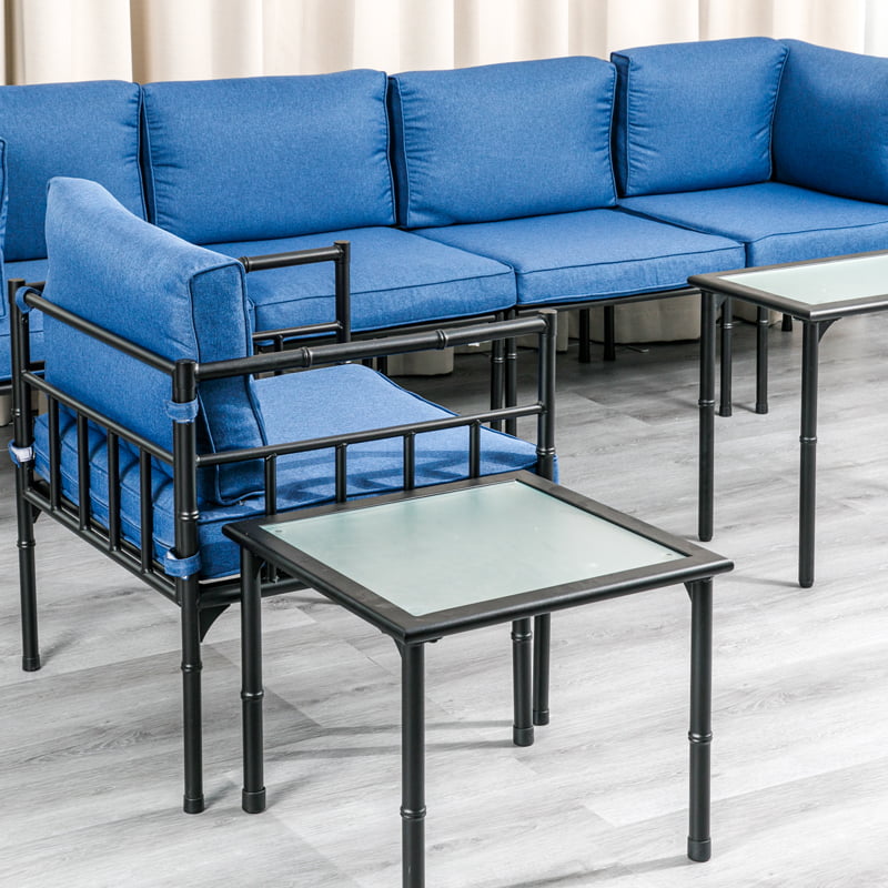 RXOP1 Blue Cushion Armrest Bamboo Structure Cum Tea Table 7 Piece Set Cold Rolled Plate European Style otium Sofa Compositum Set Outdoor Patio Furniture