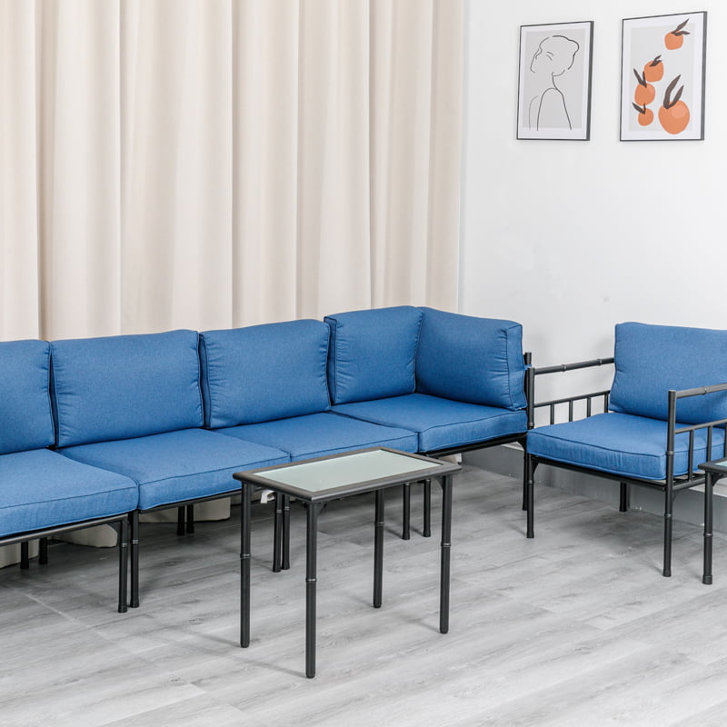 RXOP1 Blue Cushion Armrest Bamboo Structure Cum Tea Table 7 Piece Set Cold Rolled Plate European Style otium Sofa Compositum Set Outdoor Patio Furniture